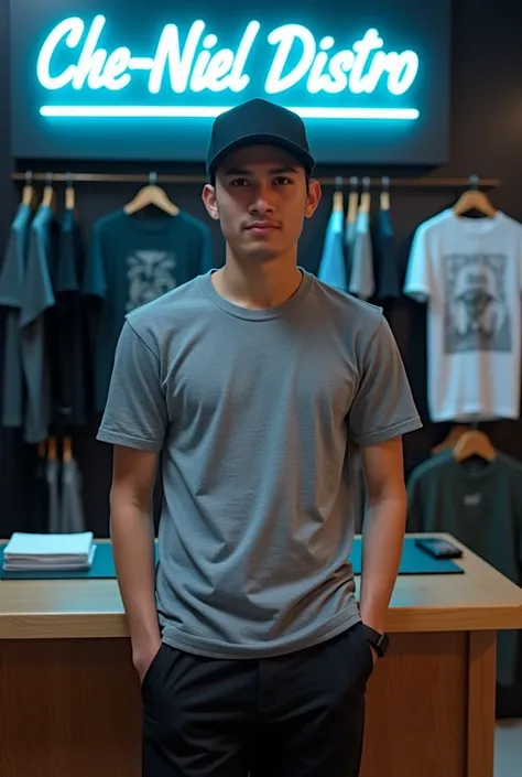 Male from Indonesia, s . Wearing a gray T-shirt combined with black, wearing a black baseball cap, wearing black shorts, wearing sneakers. is posing facing the camera in front of the cashiers desk at a T-shirt and Distro Clothes shop. one of his hands was ...