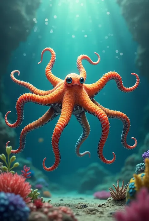 The combination of an octopus and a starfish can result in an interesting and imaginative creature that displays the unique characteristics of both creatures.

Description:
Physical and appearance:

Body: You can imagine a creature with a soft and flexible...