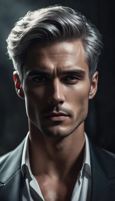 a handsome man, 1 man, detailed face, beautiful eyes, sharp jawline, muscular body, stylish outfit, elegant pose, brooding expression, dramatic lighting, cinematic composition, moody atmosphere, muted color palette, digital painting,Overbearing, silver hai...