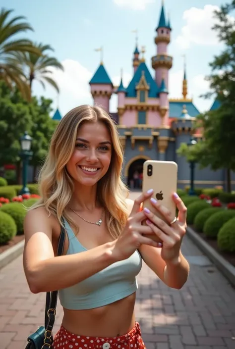  young woman 、Blonde、Influencer、Selfie、 The background is Disneyland 