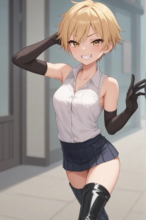  anime screencap, flat colors, flat shadows, tomboy,medium breasts,black short hair ,smile,gyaru,sleeveless,elbow glove,micro skirt,thigh boots,blush,sweating