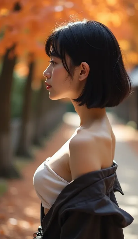  Japanese woman with a viewing angle of　 Beautiful Woman　30years old　Elegant　
intellectual　 black hair　 Shorthair　bangs　 white skin　 F cup bust 　 big chest　  Delicate Décolletage  　 I can see my chest 　autumn leaves　Kyoto　Ohara　Sanzen-in Temple 　Standing A...