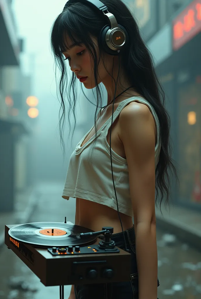 photorealistic a portable record player hanging on the waist of a girl with stereo headphone