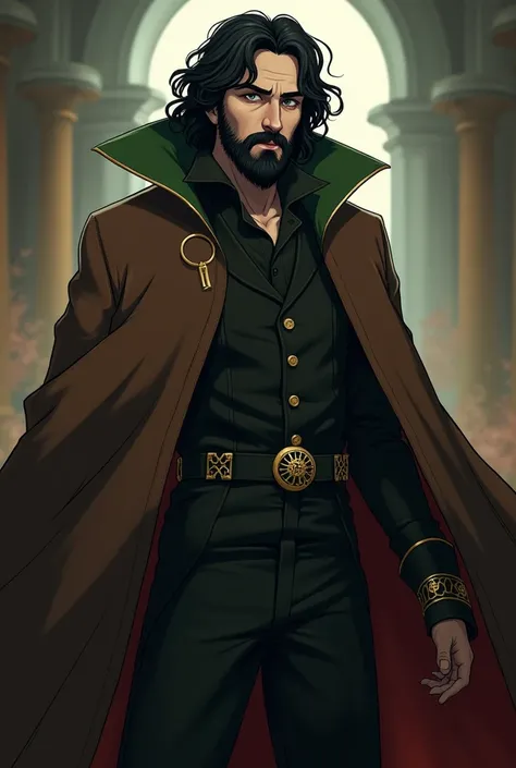 România hetalia modeled after the parody master Jonathan Pryce with black beard  with brown cloak time lord robe black outfit and green Collar with black hair color and gray eyes