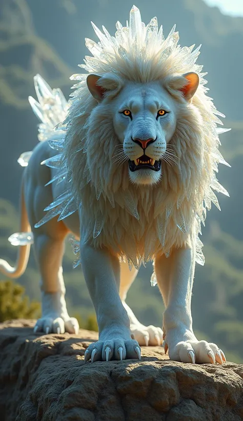 "Design a hyper-realistic hybrid creature that blends the regal power of a lion with shimmering crystalline features. The creature should maintain the strong body and flowing mane of a lion but have crystal structures seamlessly integrated into its fur, re...