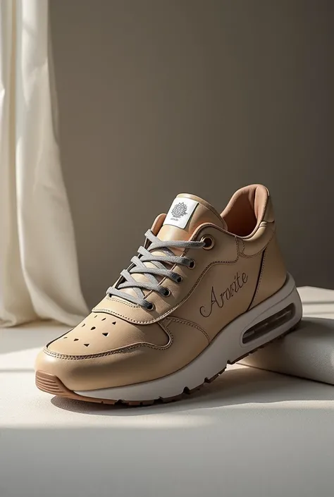 A sneaker with a logo named AMPTE engraved in the leather and underneath the sole