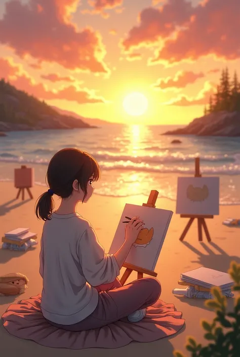 A girl sitting on the shore at sunset time facing the sun and some canvas laying around with one canvas in her hand and she is drawing on it