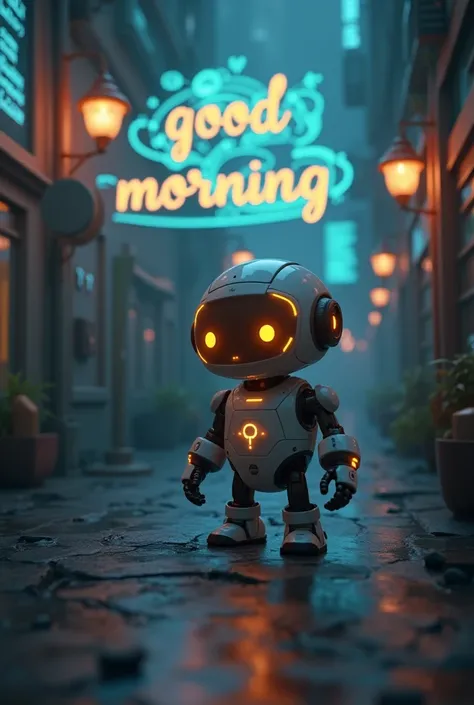 Generate an image of a Robot in the dark , but friendly,  with a JavaScript game script in the background and with the phrase "good morning" In front of everything .