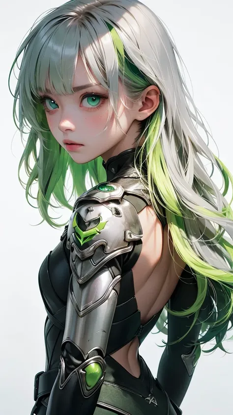     movie poster with a young woman as the protagonist、 (Silver_hair, green_hair,two-tone_hair:1.4)、( long hair :1.2)、(light green clear eyes 1 .3)Glare、   there is a fixed expression on her face    ,  Fluorescent Green Armor 、 can be seen through  、(  whi...