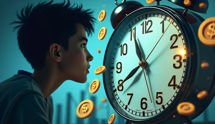 A close-up of a ticking clock with the hands moving quickly, overlaid with floating icons representing money (coins, dollar signs) and a young person (a silhouette or abstract figure) looking thoughtfully at the clock. The background could include subtle i...