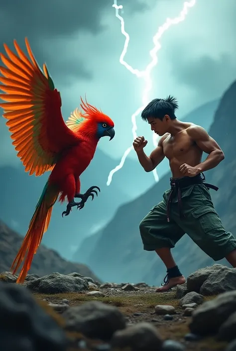 Create an image featuring a Pahadi Tota (a vibrant mountain parrot) and a martial arts champion, both in aggressive, angry poses, facing each other. The parrot should have its wings spread wide, feathers ruffled, and sharp talons ready, exuding fiery deter...