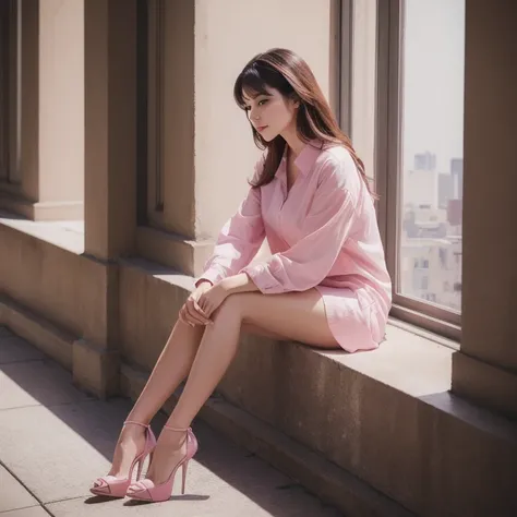 a woman sitting on a ledge with her legs crossed, wearing high heels and a pink shirt, a photorealistic painting, neo-romanticism