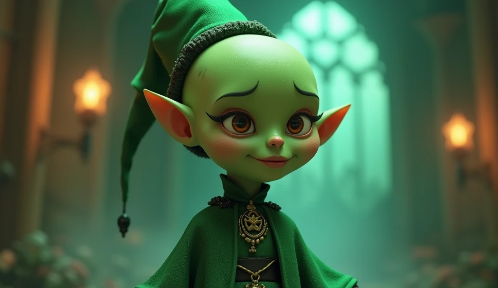 Bad bald green witch girl (wearing green) standing 3d animated cartoon