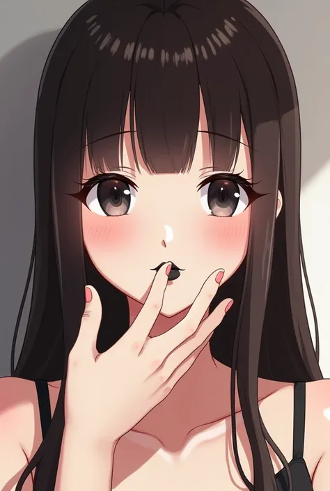  Anime girl with long dark brown hair with straight bangs, black eyes,  black-painted lips , Throwing a little kiss to the screen