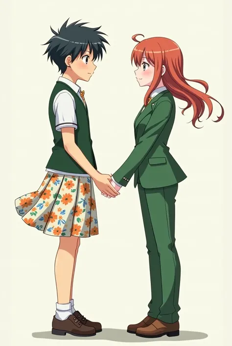 Anime boy in a floral skirtand a short sleeve uniform top with vest with an anime girl in a Green Suit jacket and green pants 