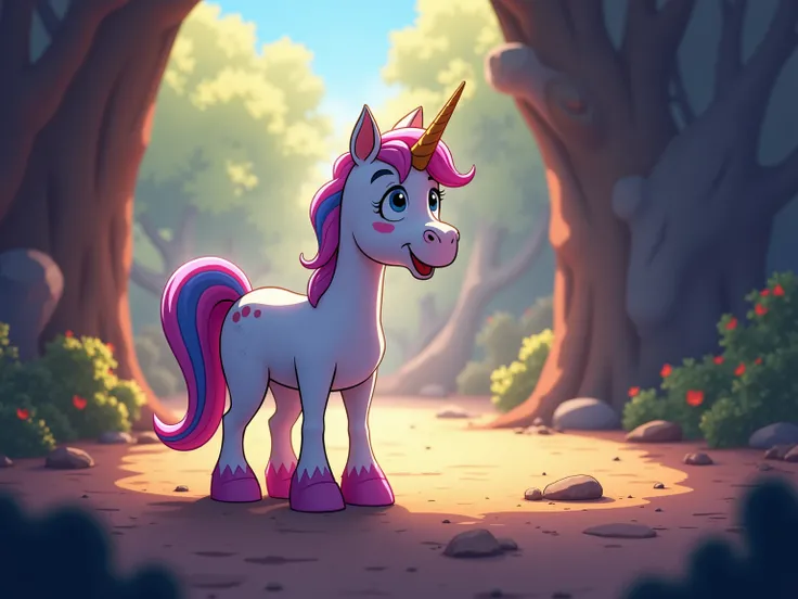  image for a cartoon story YouTube video in Pixar format. Skylers solution :   Skyler, the little unicorn decides to go in search of the missing color.   This must be his own decision ,   dictated by a desire to bring beauty back to his world .