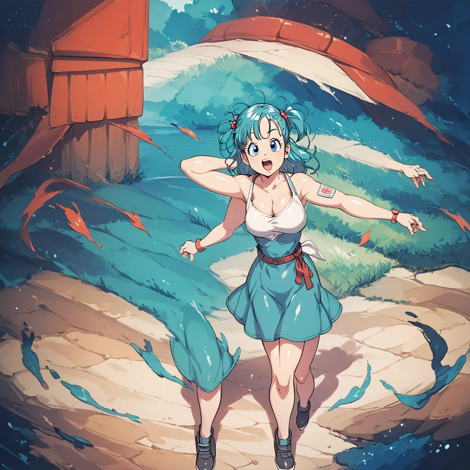 bulma is running in a white bikini,big breasts,full body