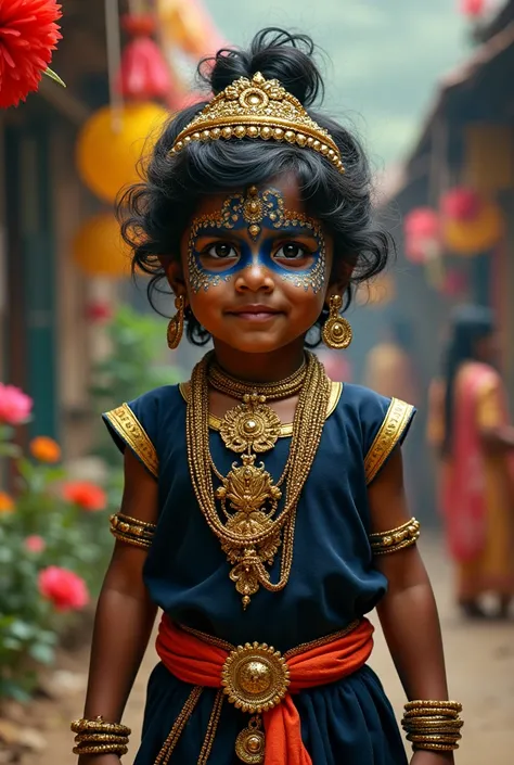 Three yeara old boy in indian goddess kaali getup, similar to a getup from movie "puspha2"