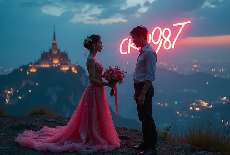 Beautiful Korean girl wearing a Vintage Thai wedding dress Kneeling, holding a bouquet of flowers Asking a Thai man to marry standing upright against the backdrop of a night Thai temple on a high mountain,writing neon font "CK1987" on the sky.,Turn straigh...