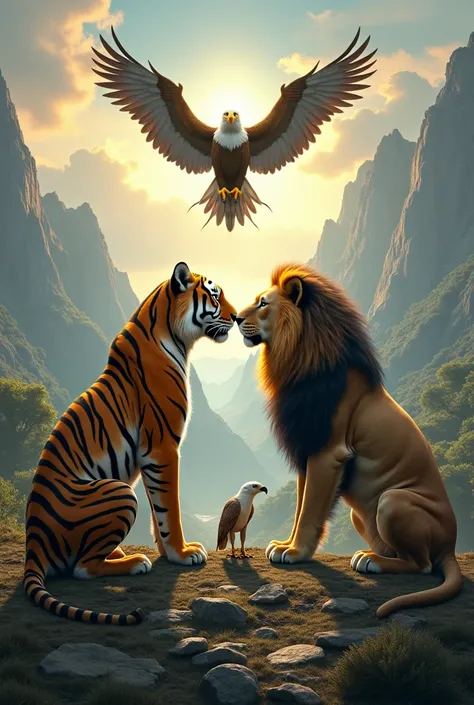 tiger, lion, and a eagle bowed down 