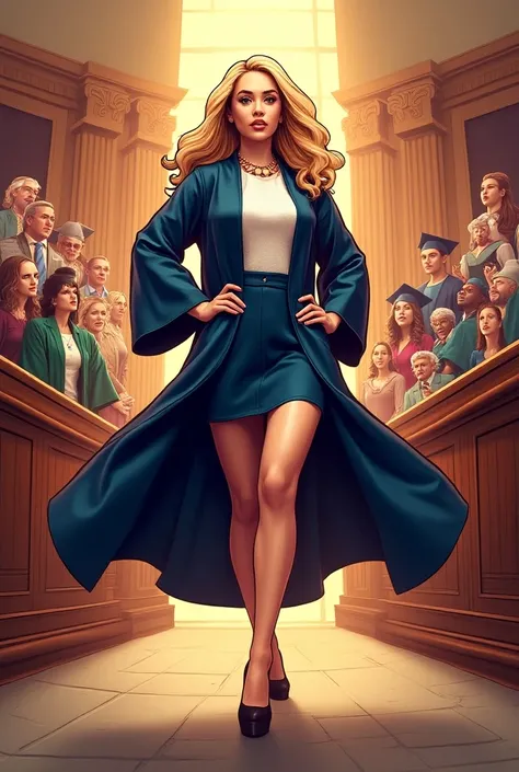 create a creative movie poster of legally blonde, graduation, on court trial. comics strip