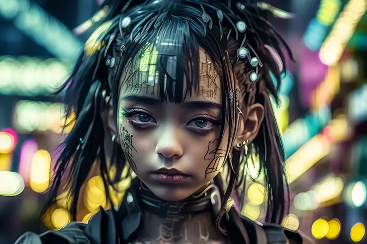 Night City、Background blur、 Im wearing 、 from the front、 depicting a futuristic cityscape at night 、Gothic Punk、blunt bangs、 black hair ponytail、A beautiful and cute Japanese woman 、 the rose surface shows signs of wear 。,   vertical metal beams extend upw...