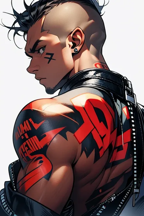 A close-up of the back of a characters head, with a clean-shaven (skinhead) style. The word SNOW is prominently tattooed across the occipital area in a bold, edgy font, resembling the leader of a rebellious teenage group. The character is wearing a casual ...