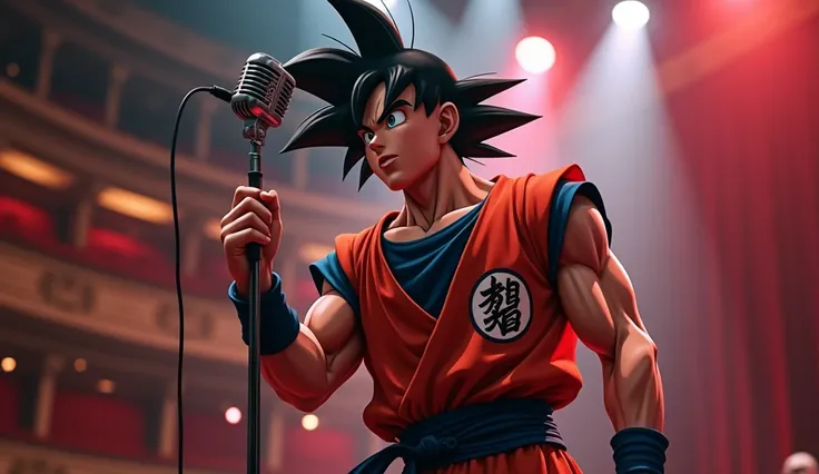  Goku singing with a vintage microphone and on his chest he has a shield that says Adagio, He is in a theater with concert lights 