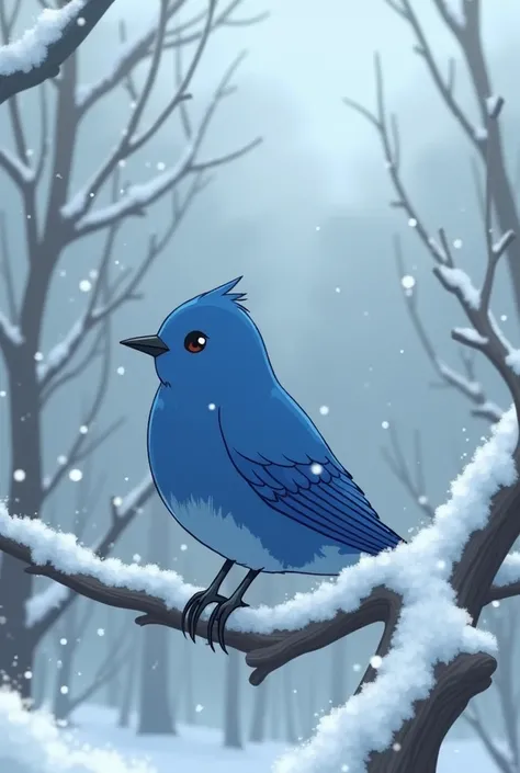 Blue bird on twigs in snowy season ghibli is very real photo size 9:16