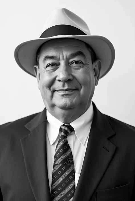 mage is a black and white portrait photograph featuring a middle-aged man with a light skin tone. He is wearing a formal suit with a tie and a light-colored fedora hat. The man has a round face with a slight smile, and his gaze is directed slightly to the ...