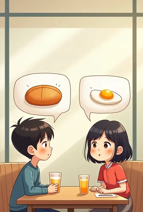  I need a new image ， There are two students having a conversation ， The time is morning ，The background is the school cafeteria，The girls name is Xiao Bing ， The boy is Zhou Ming 。 A dialog box on the two peoples heads ， Xiao Bings dialog box depicts a br...