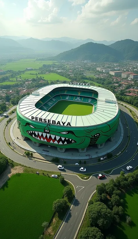 The magnificent football stadium in the shape of a round ,green on each wall along with the spectator seats and there is the name of the stadium PERSEBAYA clearly on the front of the stadium wall and there is a large green rosted fort crocodile and shark s...