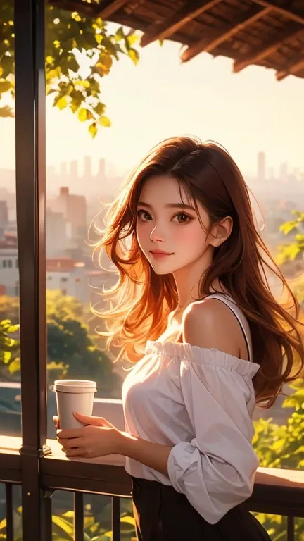 A 23-year-old Thai young woman stands on a balconys edge, The unbuttoned shirt falls open, her partially buttoned large white shirt framing her beautiful skin as she gazes out at the breathtaking scenery below. Off the shoulder, Brown eyes, her cute face b...