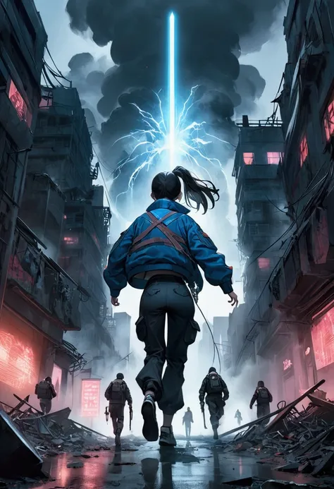 Panoramic view of future dystopian metropolis, score_9,score_8_up, stranger things, light night, a girl running toward to war, high ponytail, attack, shot, (full-body view), low angle, back shot, Blue bomber stylish jacket, black baggy pants, army, gang, w...