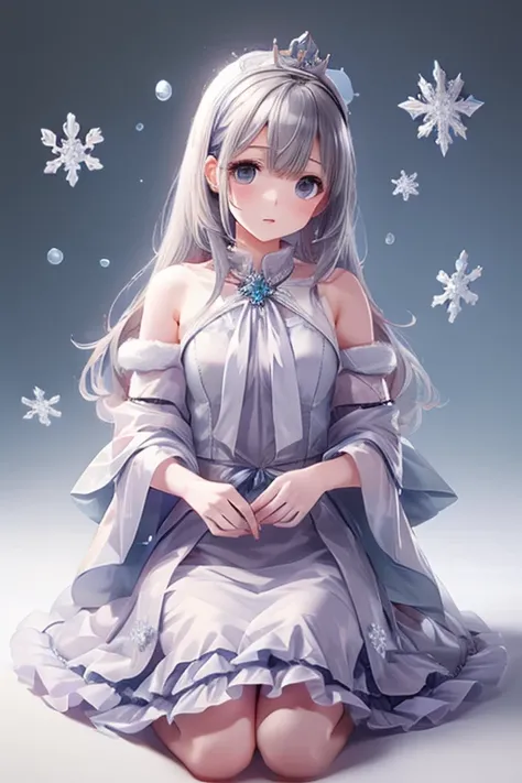    Thin Soft Painting Style、Alone,１  girl, crowns、  crownss、 blue and white snowflake pattern cloak 、Grey Hair、Aquamarine Eyes、 queen ,cute, great background 