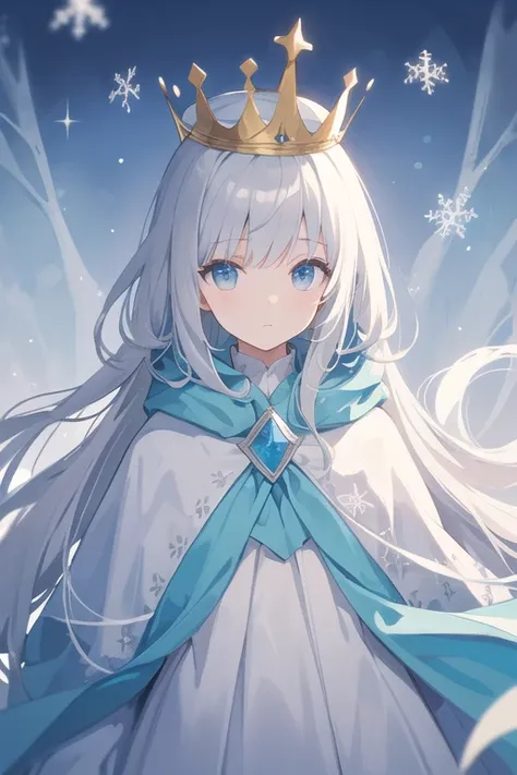    Thin Soft Painting Style、Alone,１  girl, crowns、  crownss、 blue and white snowflake pattern cloak 、Grey Hair、Aquamarine Eyes、 queen ,cute, great background 