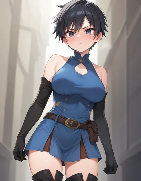  anime screencap, flat colors, flat shadows, tomboy,large breasts,black short hair ,,,sleeveless,elbow glove,skirt,thigh boots,blush,sweating,fantasy costume,frown,sweating,blush