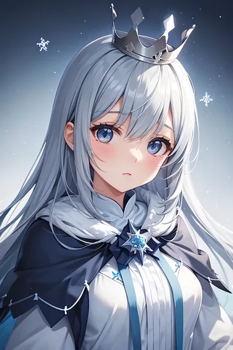    Thin Soft Painting Style、Alone,１  girl, crowns、  crownss、 blue and white snowflake pattern cloak 、Grey Hair、Aquamarine Eyes、 queen ,cute, great background 