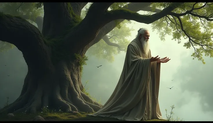 " A wise old sage in ancient clothes ,  with a calm and thoughtful look ,  standing under a tree ; light and shadows play on his face ,  emphasizing his stoic character and quiet wisdom."