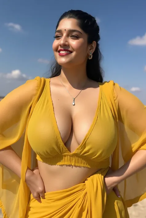 Front view, extreme long shot photo of sexy Indian, looking at viewer and smiling delicately, curvy athletic figure, open arms, sexy armpits, sweat, ponytail, necklace, milk starting to press naked from waist to long thin yellow iskat, glossy lips