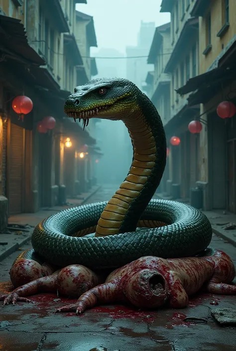 "A hyperrealistic depiction of a massive anaconda coiled and triumphant, having killed three bloodied and grotesque zombies in a dark urban street. The anacondas textured scales glisten with lifelike detail, its powerful body standing atop the lifeless rem...