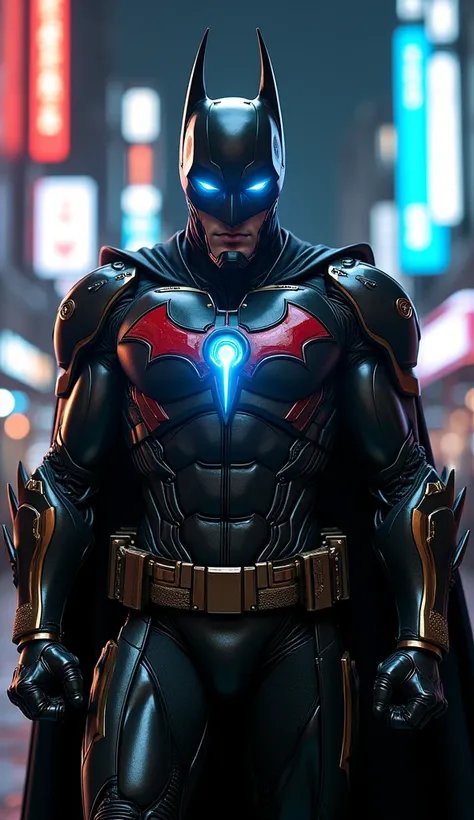 :
" A character that is the fusion of Batman and Iron Man ,  combining the mystery of a punisher with the cutting-edge technology of a billionaire genius.  He wears black metallic armor with details in gold and red ,  decorated with sharp features that res...