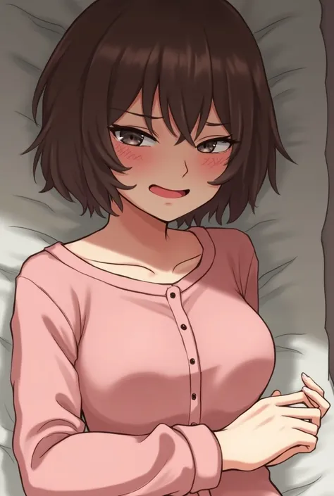 Women,  high quality image ,  short brown hair ,  shorts , clothes with buttons , crying,  eyebrows slanted down, smile, blush, mangas abullonadas, pink clothes, (diapers), (diapers para bebés), (Pee ), ((Pee)), trembling