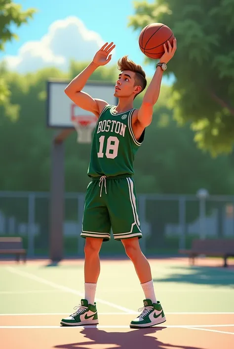 An attractive 18-year-old , high (1,80 m)  and with an athletic build ,  is practicing three-pointers on the public court one sunny summer afternoon. . His light brown hair is styled in a modern undercut cut ,  with a little volume in the upper part that g...