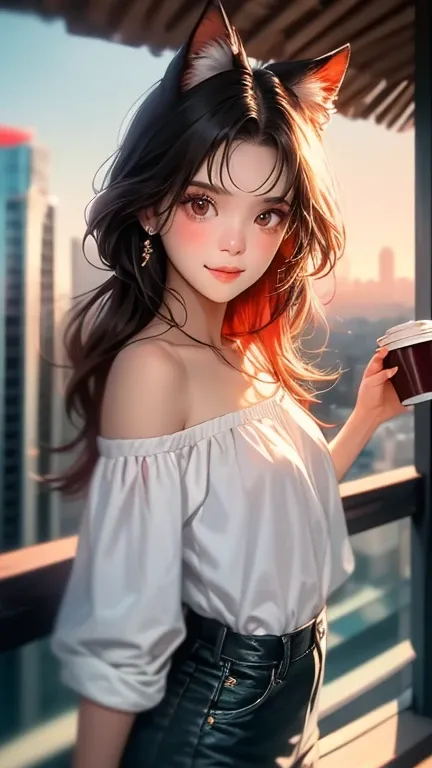 A 23-year-old Thai young woman stands on a balconys edge, The unbuttoned shirt falls open, her partially buttoned large white shirt framing her beautiful skin as she gazes out at the breathtaking scenery below. Off the shoulder, Brown eyes, her cute face b...