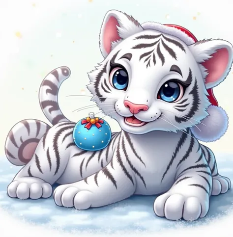  a cute white tiger  wearing a Santa hat、 a scene with a happy smile 。The background is a winter snowy landscape 、 Christmas decorations are applied 、There is a warm atmosphere。」 a cute white tiger baby 、 wearing a Santa hat and smiling and cute 