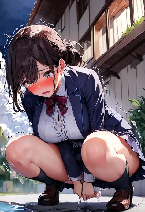 ((   best quality)), ((masterpiece)), (   Details), ( 1 girl ),    sexy,  beautiful girl with dark hair and big breasts , ９５  beautiful girl with big breasts with dark hair ,   short ponytail,  Blazer-shaped uniform, ( beautiful girl doing things in the ga...