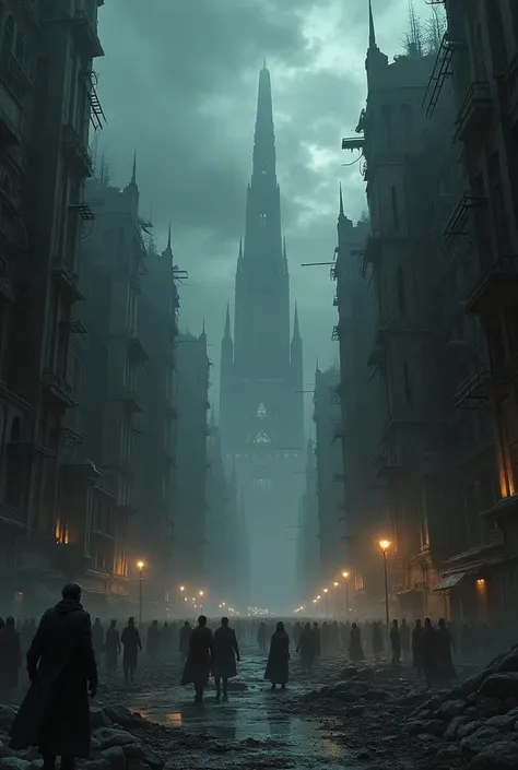 An ancient city, huge and chaotic, full of shadows and despair. The streets are full of conflict and corruption, with people fighting, buildings in ruins, and a dark, stormy sky. The atmosphere is charged with tension and darkness