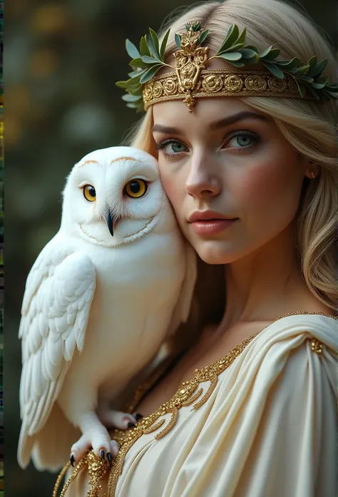 （Close-up of a pure white owl standing on a human shoulder），（Pure white owl：1.37），Pure white owl，Pure white owl，（Stand on Athenas shoulders），（Stand on the shoulder:1.37） The owls face is round, （Big blue eyes：0.8）, very large eyes, short, Curved beak, shor...