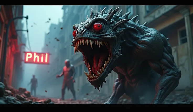 A masculine monster with very big eyes and black hole-like eyes 　It looks like a person shouting so much that his mouth is breaking and I dont think its from this world　There are also vestiges of Japanese-style men 　The background is ruins, neon sign "Phil...